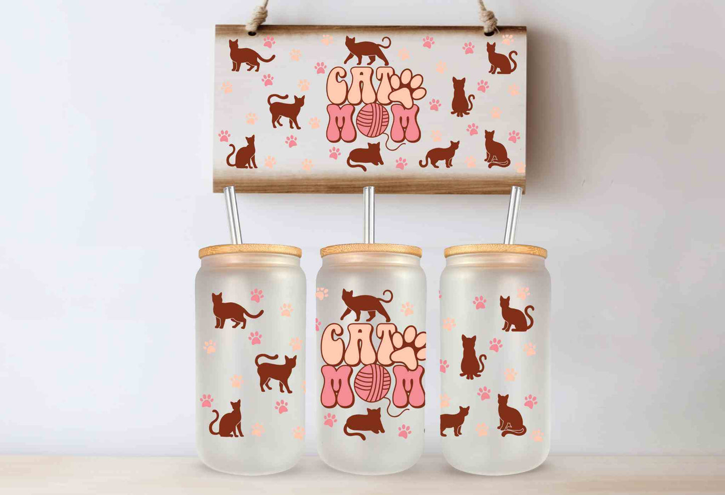 A Cat Mom 16oz Libby Glass Cup with Bamboo Lid - Cats, Paws, and Yarn Design