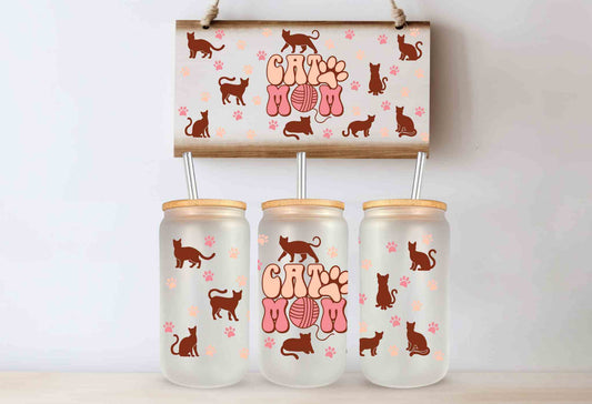 A Cat Mom 16oz Libby Glass Cup with Bamboo Lid - Cats, Paws, and Yarn Design