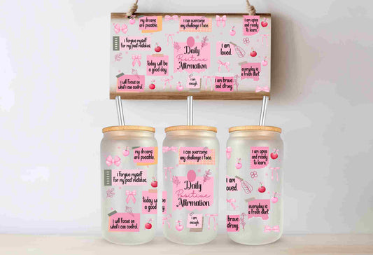 A 16oz Libby Glass Cup with Bamboo Lid - Daily Affirmation Quotes