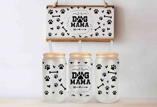 A Dog Mom 16oz Libby Glass Cup with Bamboo Lid - Paws, Bones, and Hearts Design