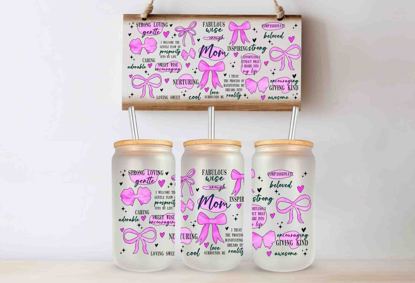 A Mom Daily Affirmations 16oz Libby Glass Cup with Bamboo Lid - Perfect Gift for Moms