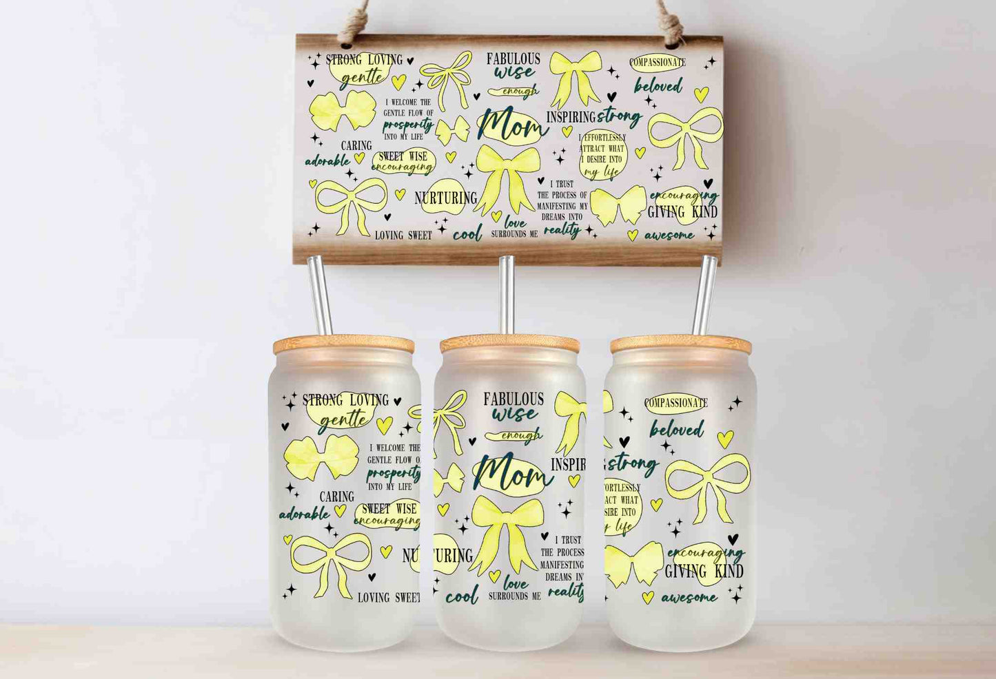 A Mom Daily Affirmations 16oz Libby Glass Cup with Bamboo Lid - Perfect Gift for Moms